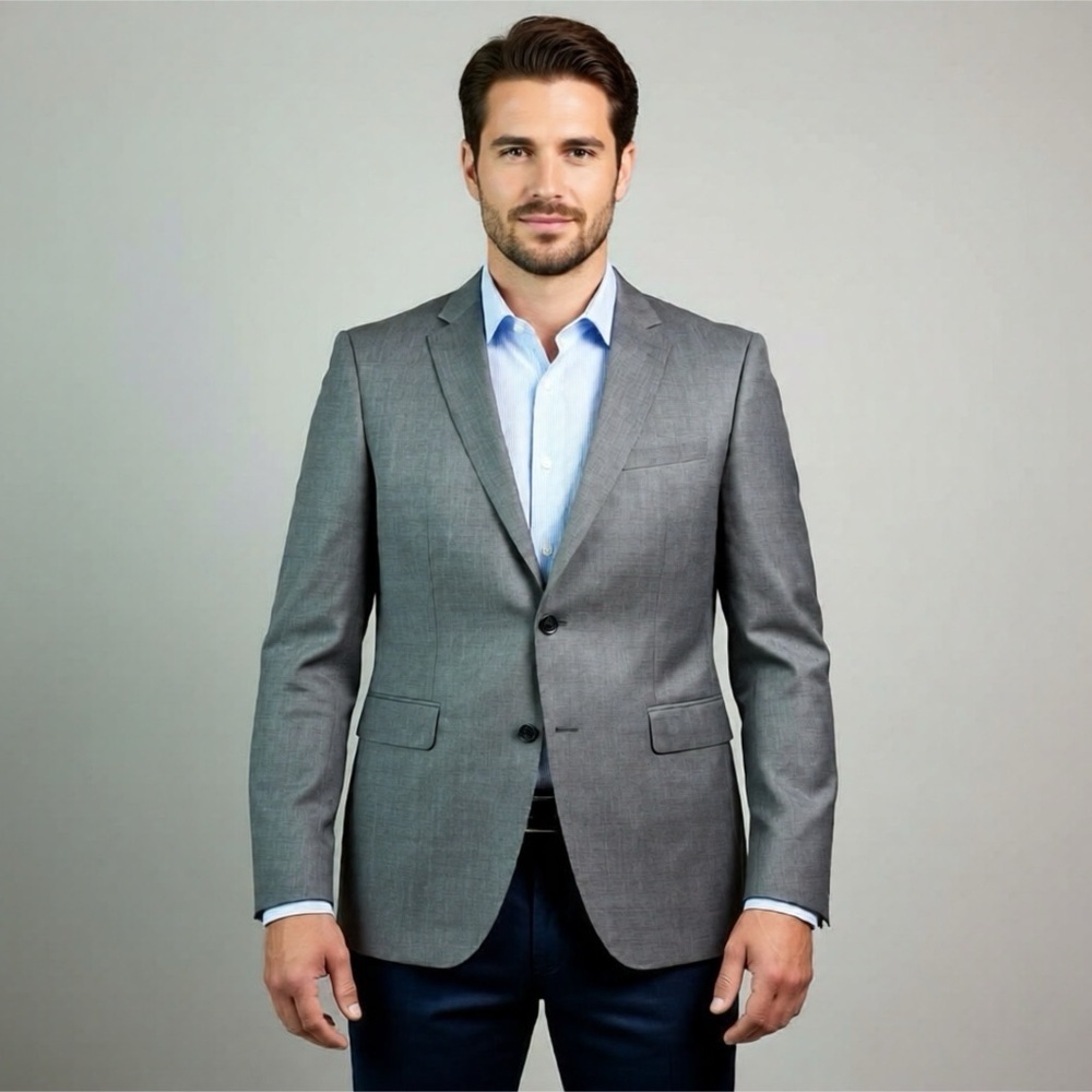 Hugo Boss Virgin Wool Dual Vent Gray Geo Mens Blazer Jacket 44L Woven in Italy